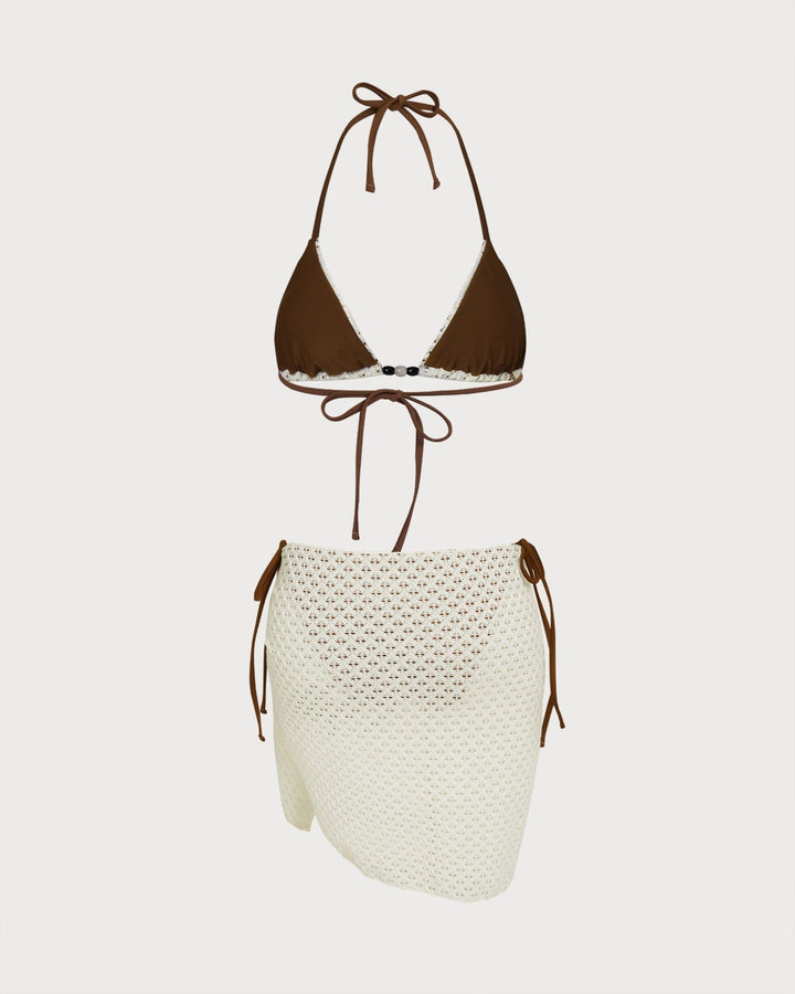 Coffee Halter Textured Drawstring Bikini Set