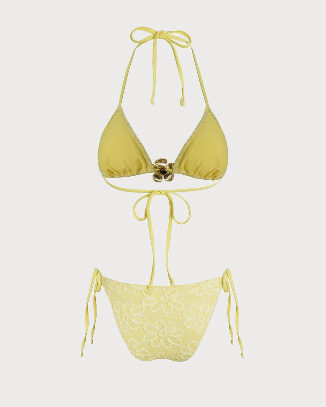Yellow Halter Floral Textured Bikini Set