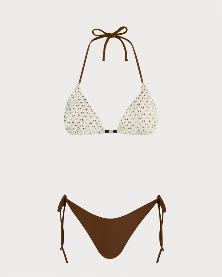 Coffee Halter Textured Drawstring Bikini Set