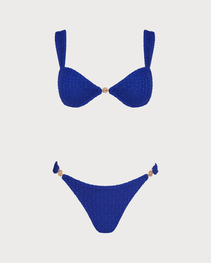 Blue V Neck Textured Bralette Bikini Set