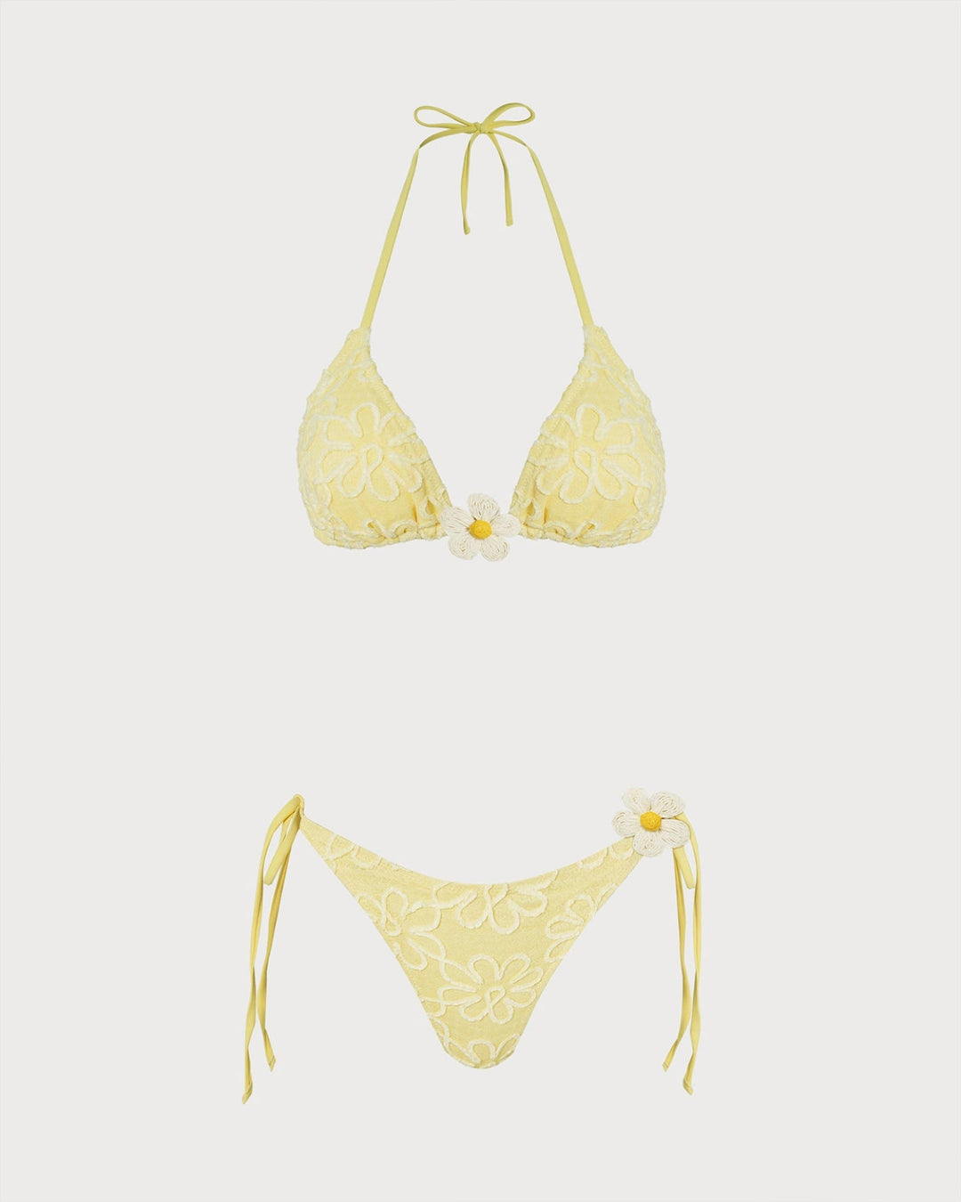 Yellow Halter Floral Textured Bikini Set