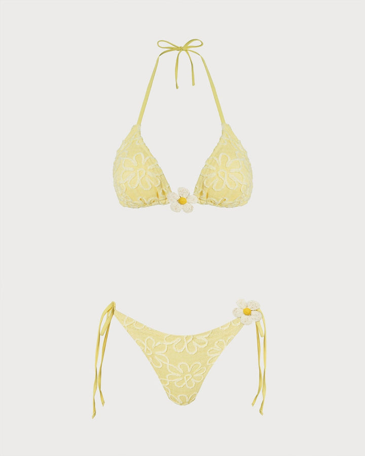 Yellow Halter Floral Textured Bikini Set