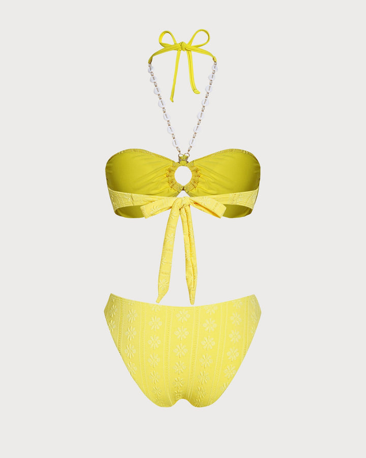 Yellow Halter Jacquard Bandeau Bikini Set