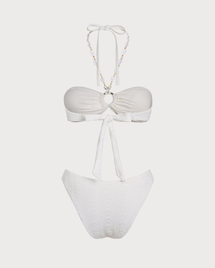 White Halter Jacquard Bandeau Bikini Set