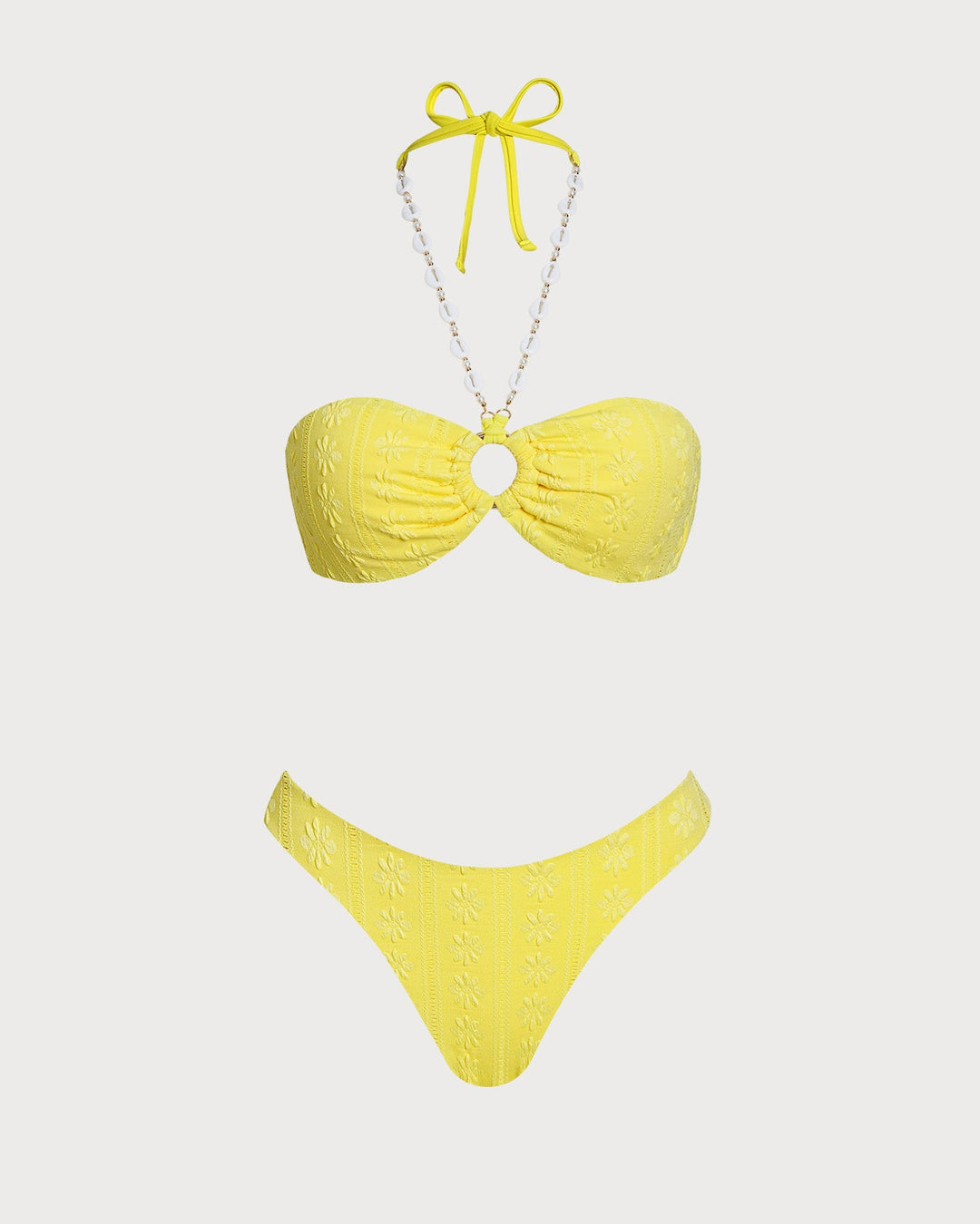 Yellow Halter Jacquard Bandeau Bikini Set