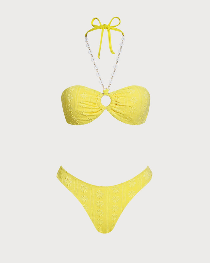 Yellow Halter Jacquard Bandeau Bikini Set