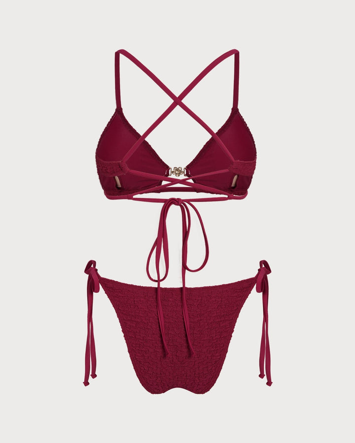 Wine Red Textured Drawstring Bikini Set