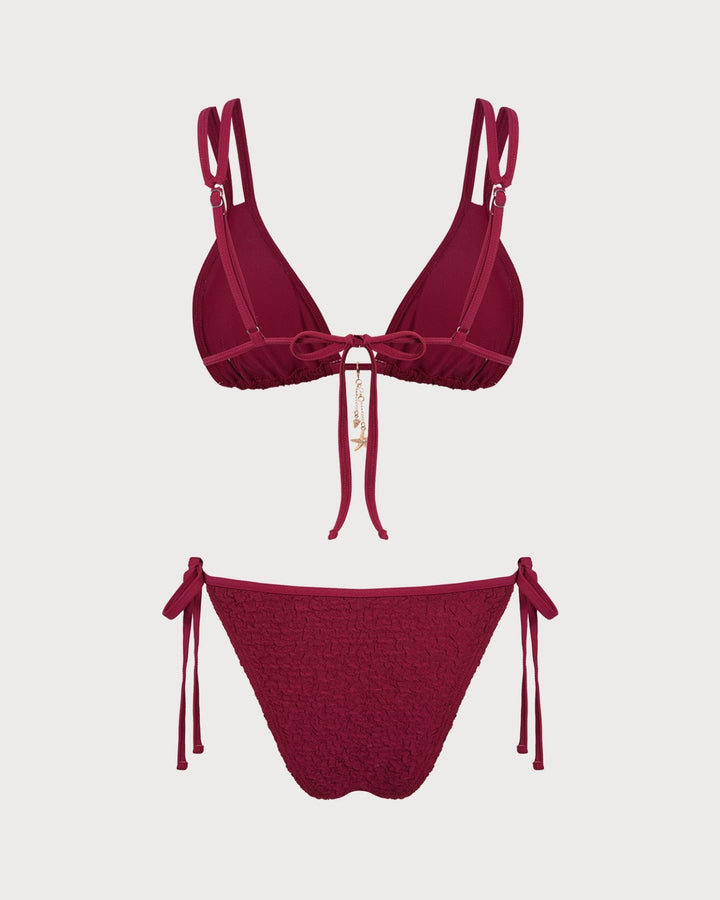 Wine Red Textured Triangle Bikini Set