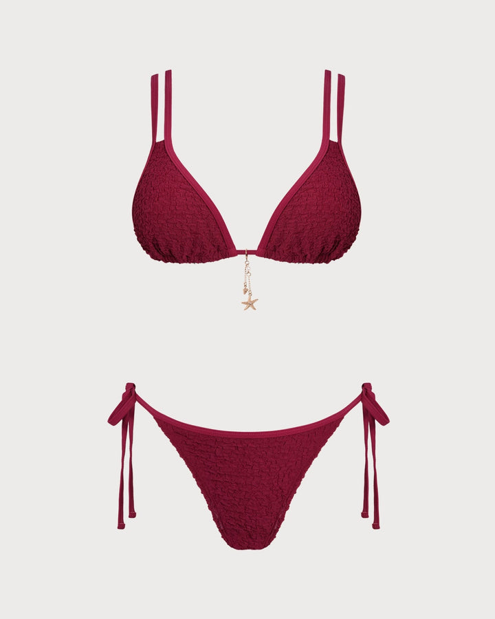Wine Red Textured Triangle Bikini Set