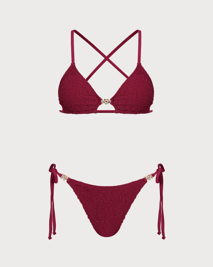 Wine Red Textured Drawstring Bikini Set