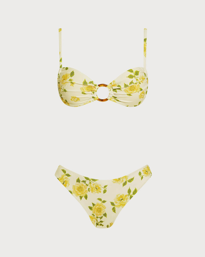 Light Yellow O-Ring Floral Bralette Bikini Set