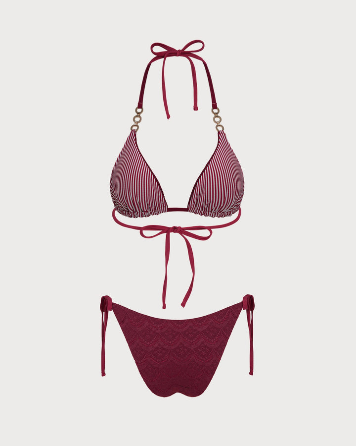Brick Red Halter Drawstring Reversible Bikini Set