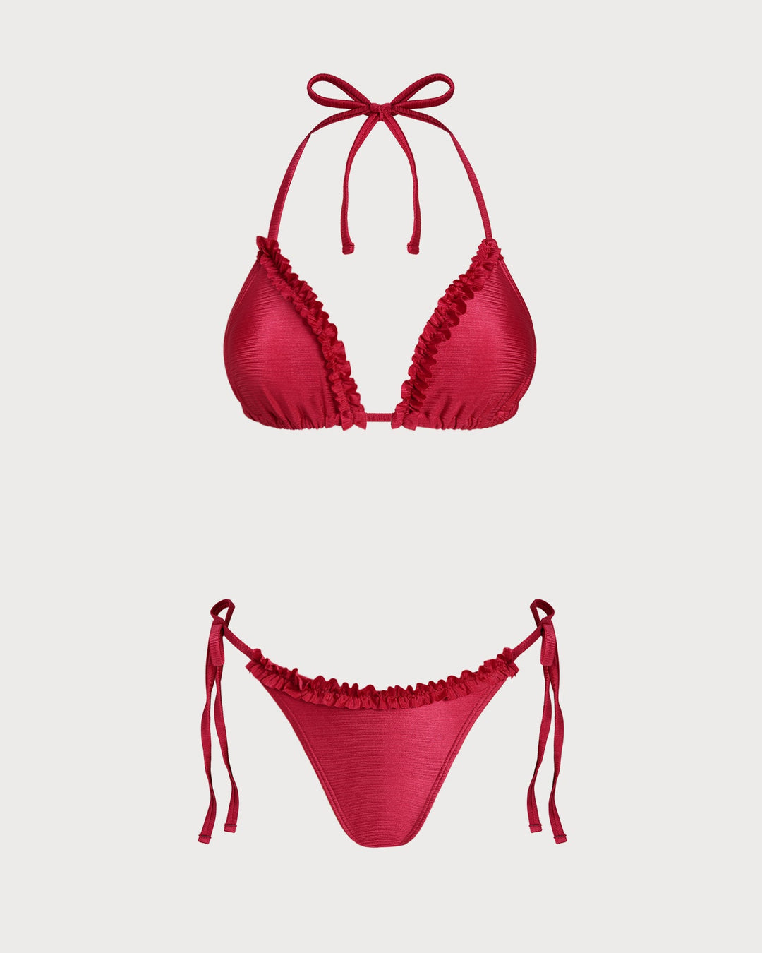 Red Halter Ruffled Triangle Bikini Set