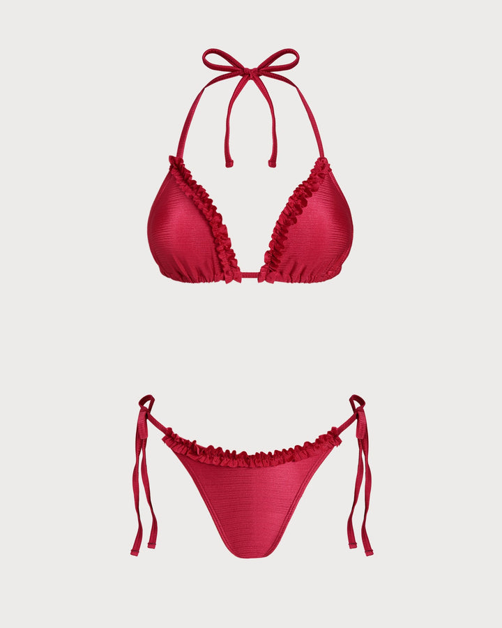 Red Halter Ruffled Triangle Bikini Set