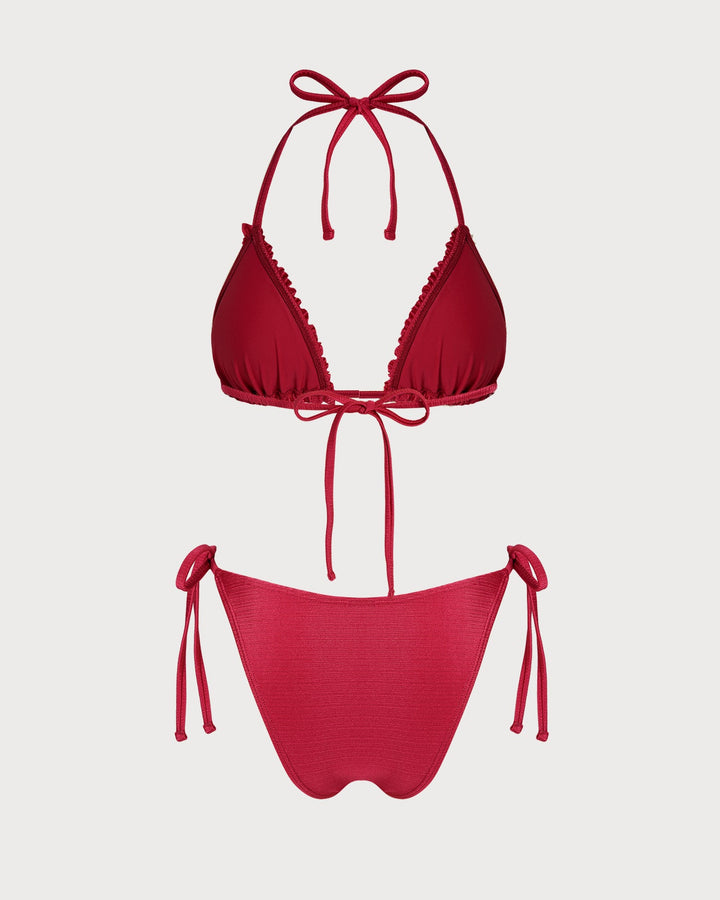 Red Halter Ruffled Triangle Bikini Set