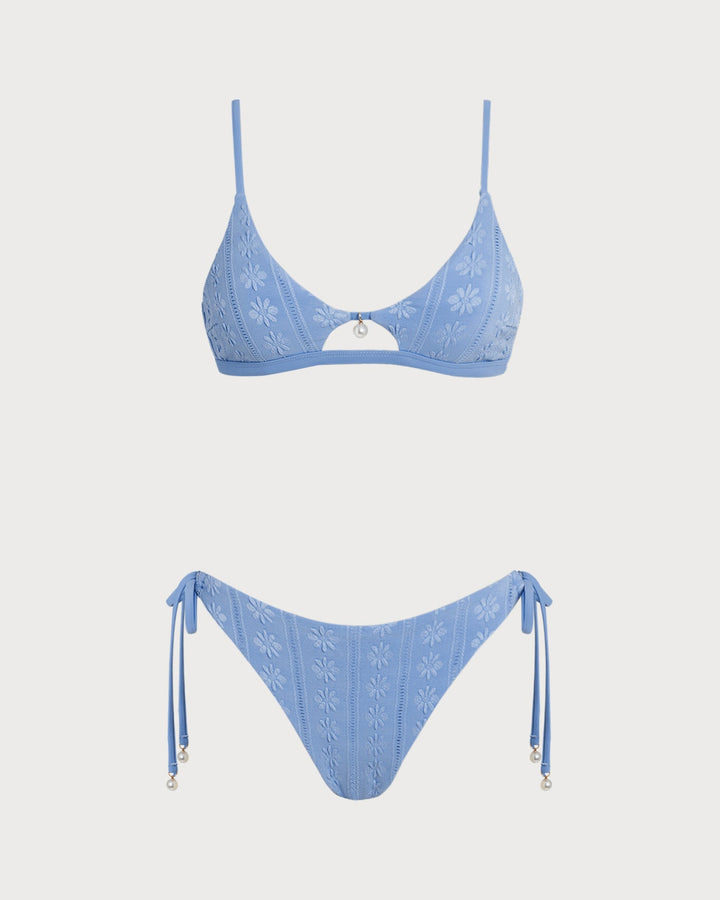 Blue Floral U Neck Triangle Bikini Set