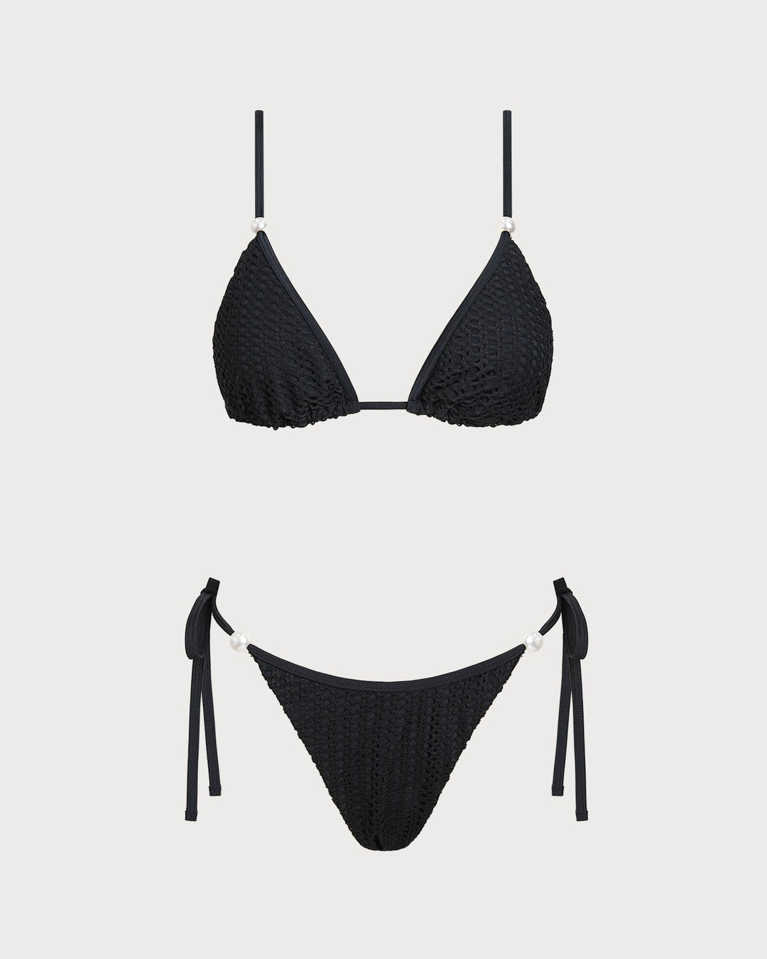 Black V Neck Textured Drawstring Bikini Set