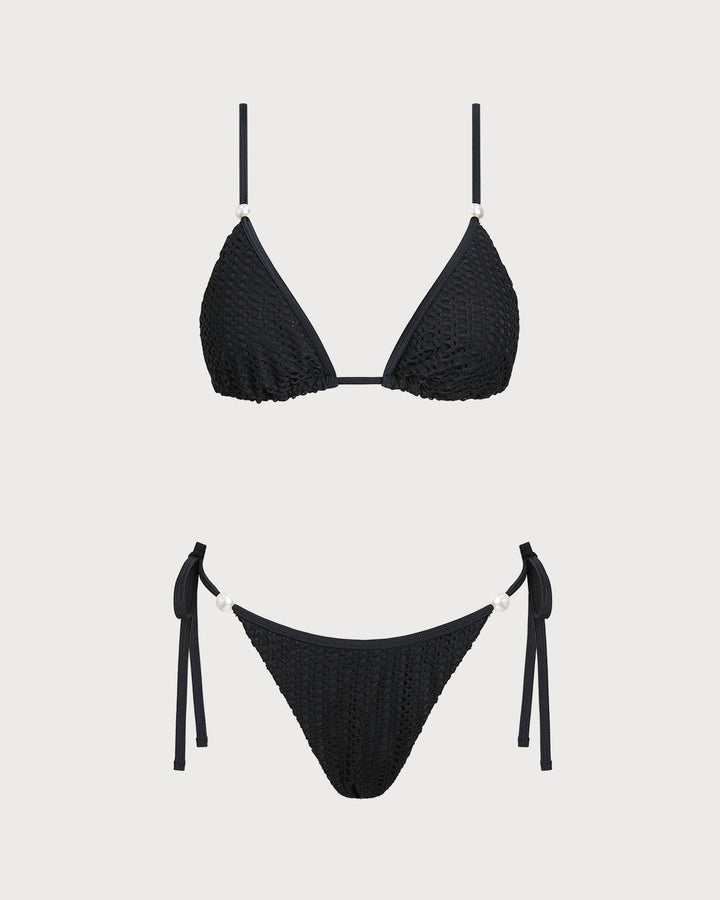 Black V Neck Textured Drawstring Bikini Set