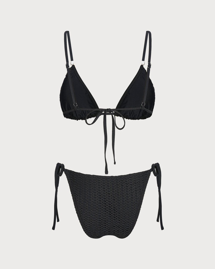 Black V Neck Textured Drawstring Bikini Set