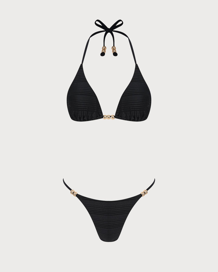 Black Halter Textured Triangle Bikini Set