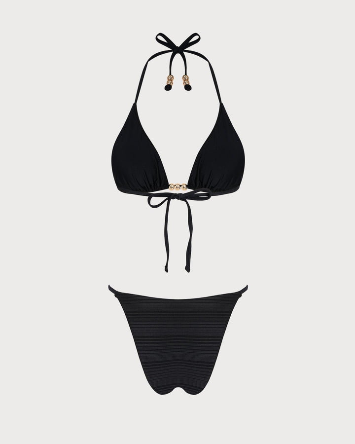 Black Halter Textured Triangle Bikini Set